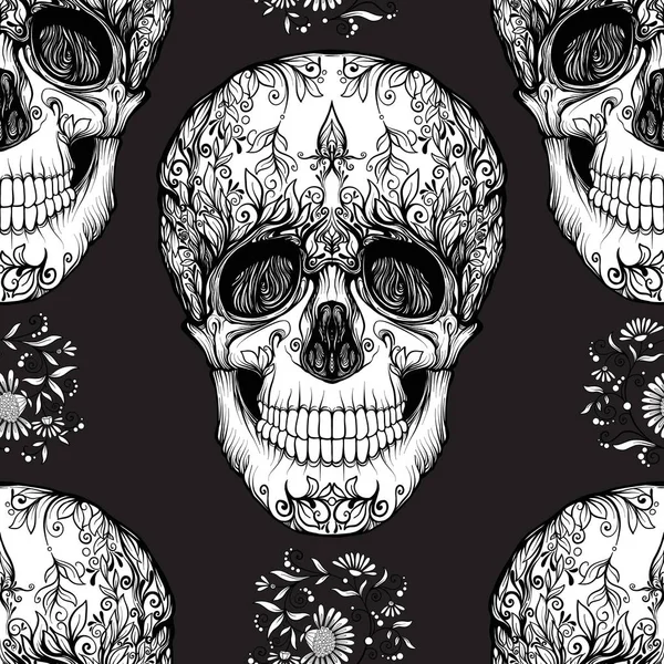 Naadloze patroon, achtergrond met suiker schedel en florale geklets — Stockvector