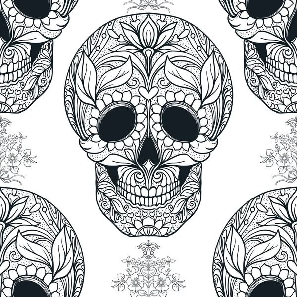 Dikişsiz desen, şeker kafatası ve çiçek pıtırtı arka plan