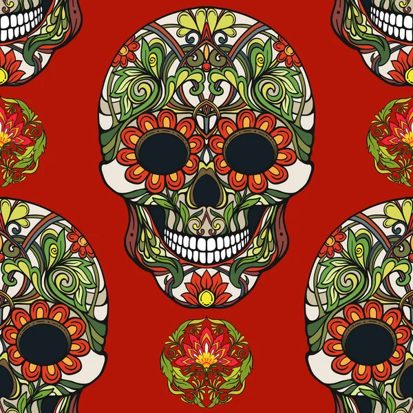 Patrón sin costuras, fondo con cráneo de azúcar y estampado floral — Vector de stock