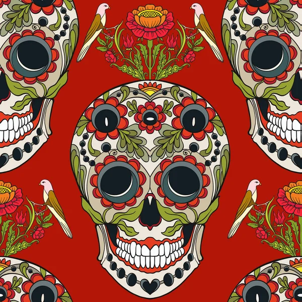 Dikişsiz desen, şeker kafatası ve çiçek pıtırtı arka plan