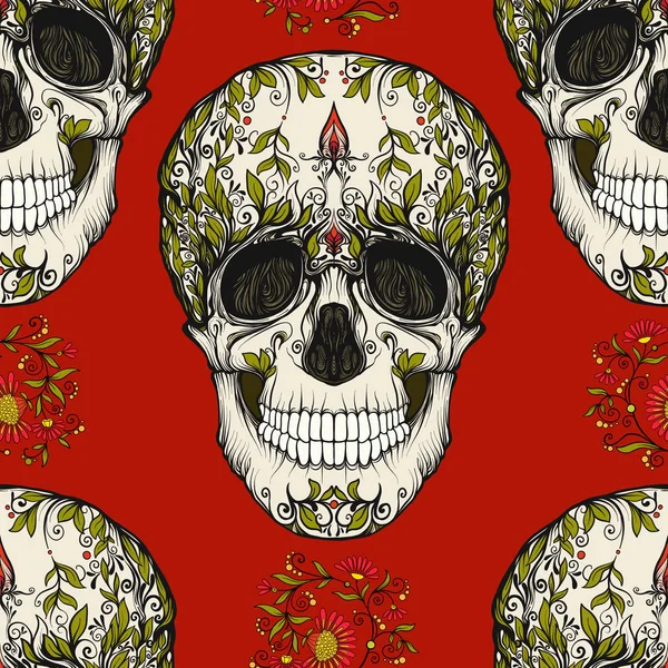 Dikişsiz desen, şeker kafatası ve çiçek pıtırtı arka plan