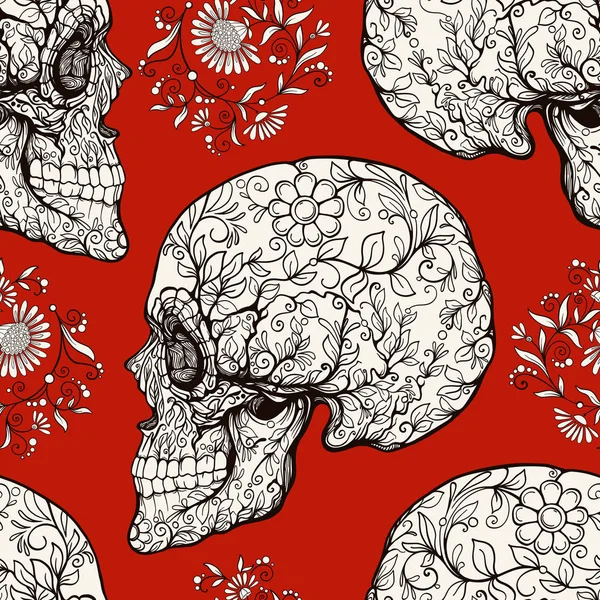 Varrat nélküli mintát, a háttérben a koponya cukor és virág szóhasználat — Stock Vector