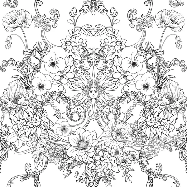 Motif sans couture avec jonquilles, anémones, violettes en botanique — Image vectorielle
