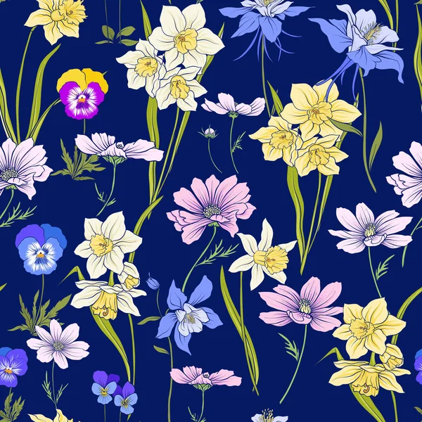 Контур цветочный бесшовный узор с цветами в винтажном стиле. S — стоковый вектор