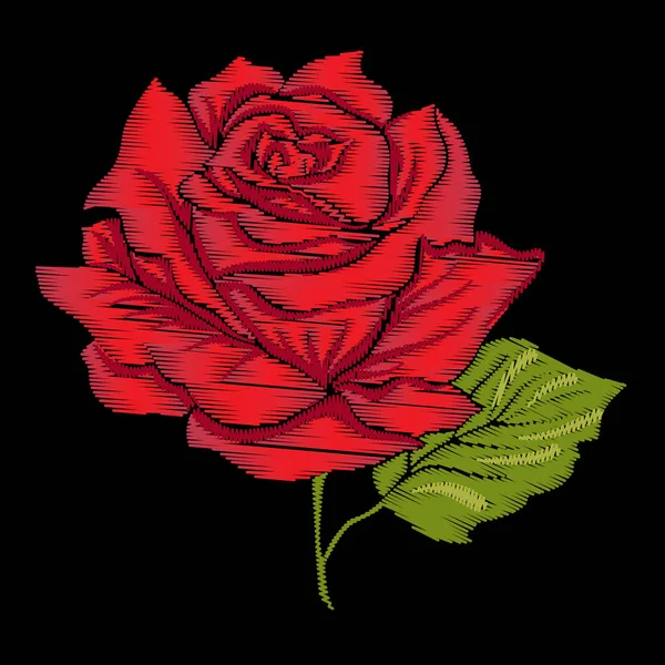 Broderie rouge rose avec feuilles vertes sur fond noir. Stock — Image vectorielle