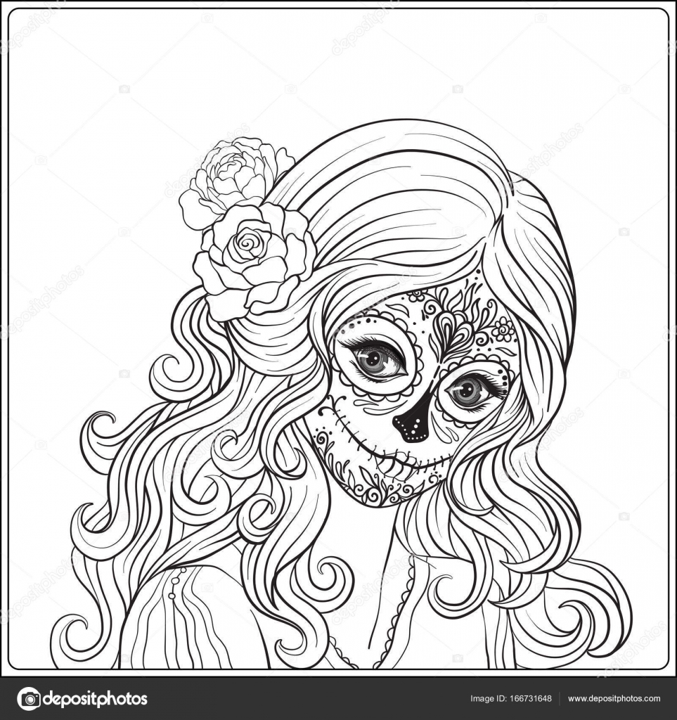 Ritratto di una giovane bella ragazza in Halloween o il giorno dei morti si pongono Delineare il disegno da colorare per il libro da colorare adulto