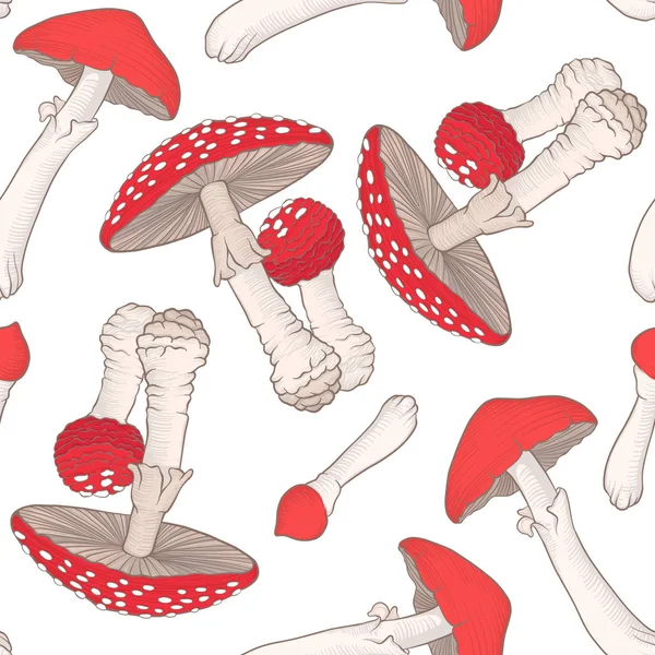 无缝模式和背景与鹅膏菌蘑菇. — 图库矢量图片