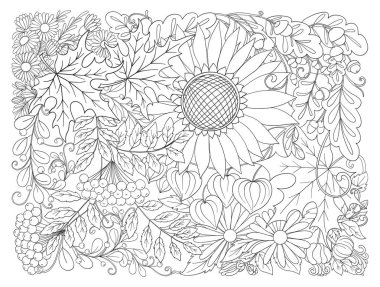 Sonbahar çiçek, yaprak ve bitki ile kompozisyon.