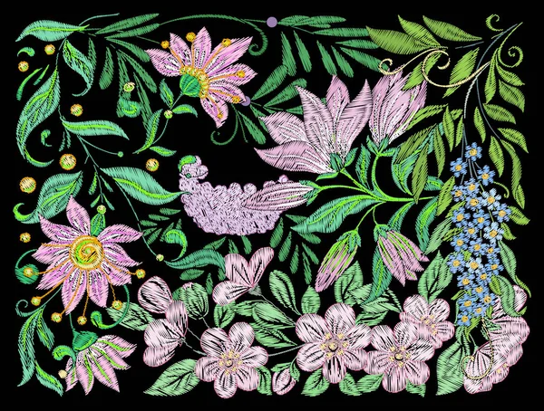 Imitação de bordado com magnólia primavera, sakura, lilás, vib —  Vetores de Stock