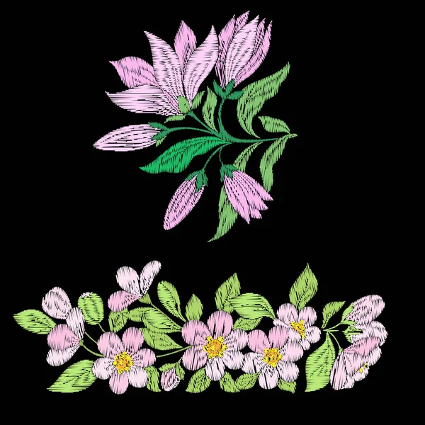 Stickereiimitat mit Frühlingsblumen Magnolie, Sakura-Blätter — Stockvektor