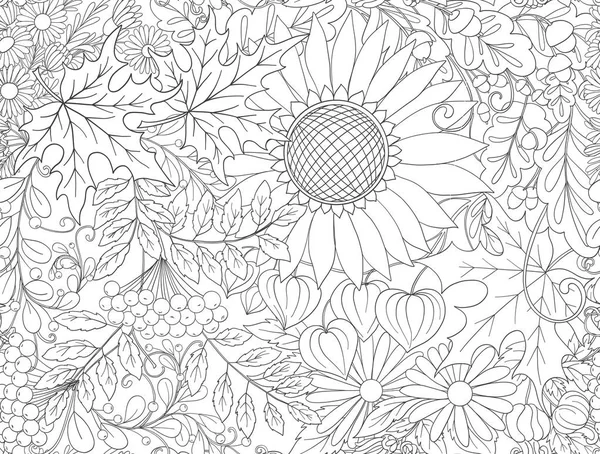 Nahtloses Muster, Hintergrund mit Herbstblumen, Blättern und Pflaumen — Stockvektor