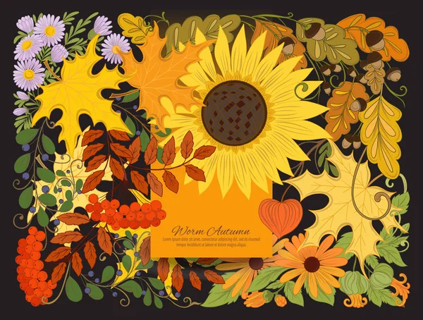 Spandoek, poster of uitnodiging met herfst bloemen, bladeren en pla — Stockvector