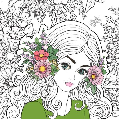 Genç, güzel bir kız ile bir çiçek çelenk kafasında. 【Colore