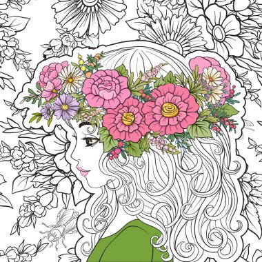 Genç, güzel bir kız ile bir çiçek çelenk kafasında. 【Colore