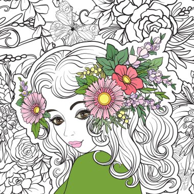 Genç, güzel bir kız ile bir çiçek çelenk kafasında. 【Colore