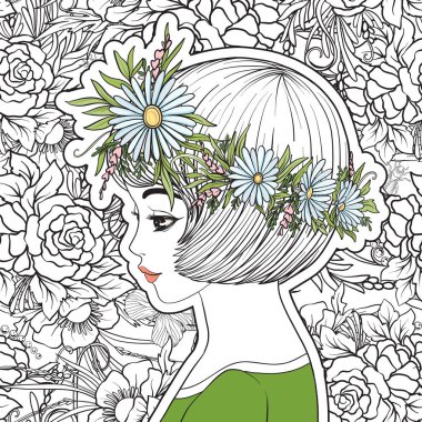 Genç, güzel bir kız ile bir çiçek çelenk kafasında. 【Colore