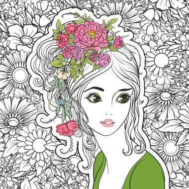 Genç, güzel bir kız ile bir çiçek çelenk kafasında. 【Colore