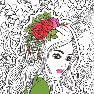 Genç, güzel bir kız ile bir çiçek çelenk kafasında. 【Colore