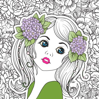 Genç, güzel bir kız ile bir çiçek çelenk kafasında. 【Colore