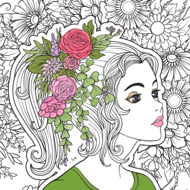 Genç, güzel bir kız ile bir çiçek çelenk kafasında. 【Colore