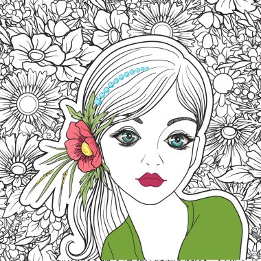 Genç, güzel bir kız ile bir çiçek çelenk kafasında. 【Colore