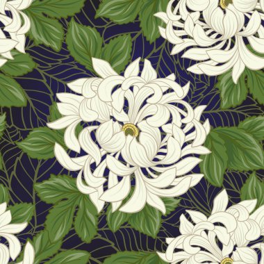 Beyaz krizantem Japon tarzı ile Seamless modeli. VEC