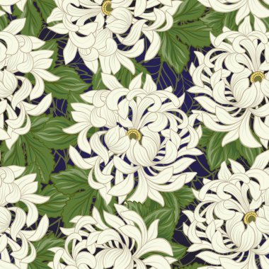 Beyaz krizantem Japon tarzı ile Seamless modeli. VEC