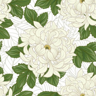 Beyaz krizantem Japon tarzı ile Seamless modeli. VEC