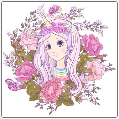 Ro bahçede tek boynuzlu at boynuzlu bir kap içindeki genç güzel kız