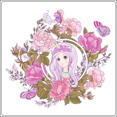 Ro bahçede tek boynuzlu at boynuzlu bir kap içindeki genç güzel kız