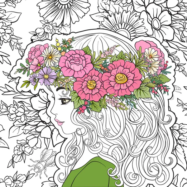 彼の頭の上の花の花輪を持つ美しい少女。コローレ — ストックベクタ