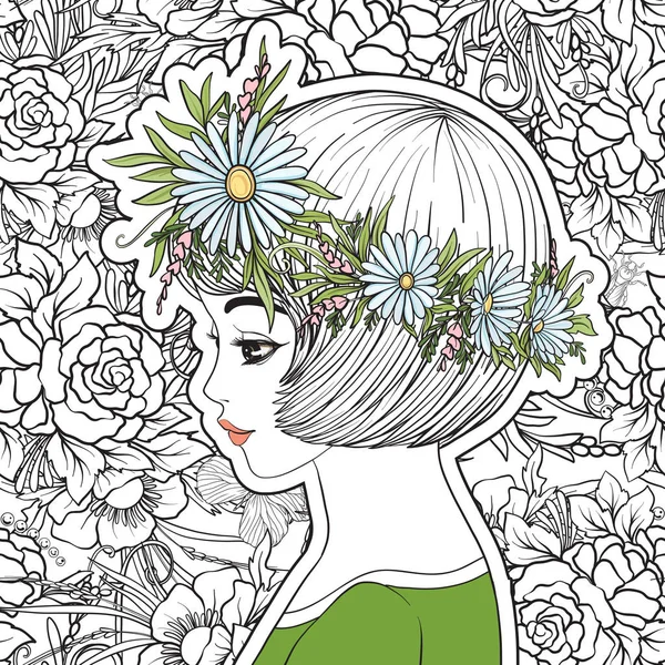 Genç, güzel bir kız ile bir çiçek çelenk kafasında. 【Colore