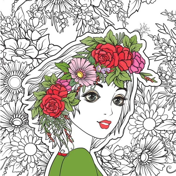 Молода красива дівчина з квітковим вінком на голові. Колір — стоковий вектор
