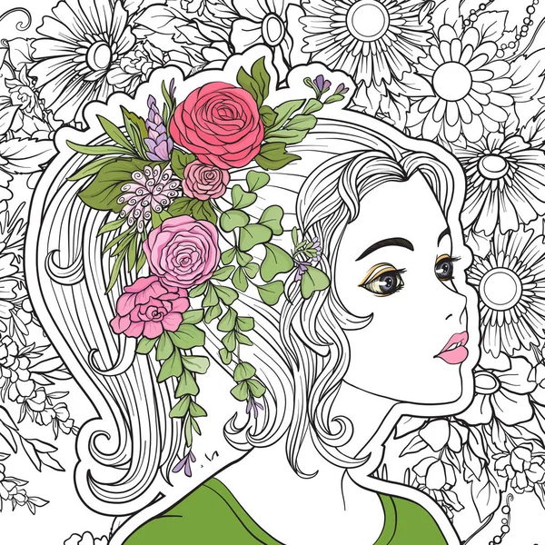 Genç, güzel bir kız ile bir çiçek çelenk kafasında. 【Colore