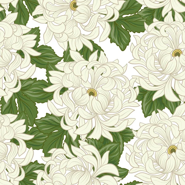 Seamless pattern with white chrysanthemum in Japanese style. Vec — Stock Vector