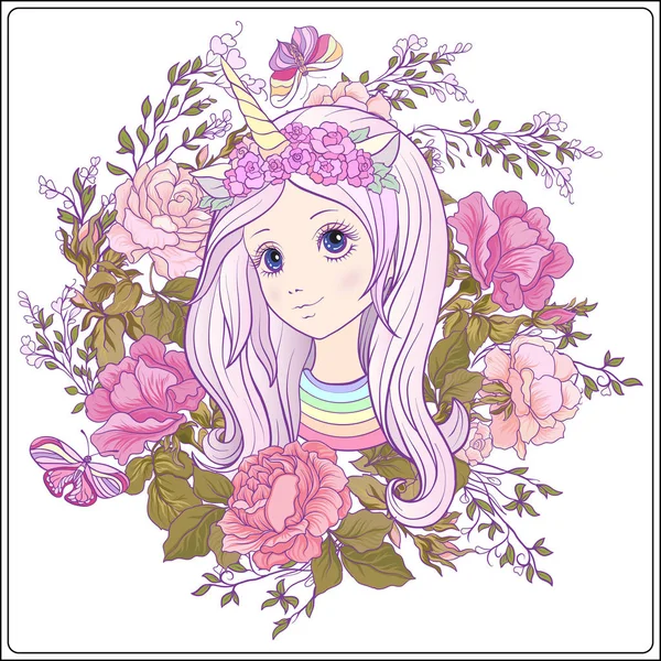 Ro bahçede tek boynuzlu at boynuzlu bir kap içindeki genç güzel kız