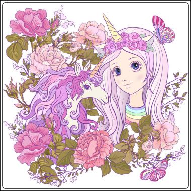 Kız ve gül bahçesinde çok renkli kıvırcık mane olan at.