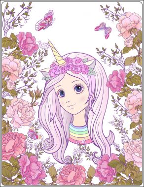 Ro bahçede tek boynuzlu at boynuzlu bir kap içindeki genç güzel kız