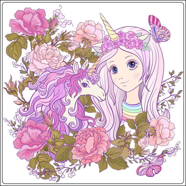 Kız ve gül bahçesinde çok renkli kıvırcık mane olan at.