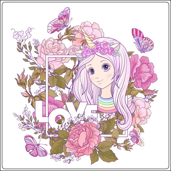 Ro bahçede tek boynuzlu at boynuzlu bir kap içindeki genç güzel kız