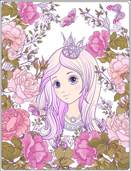 Jeune fille agréable avec longue entendre avec couronne de princesse dans le jardin — Image vectorielle