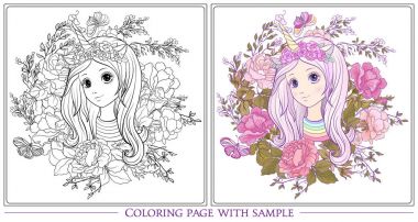 Genç güzel kız ile uzun duydum tek boynuzlu at boynuz şapkayla Bahçesi