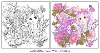 Tek boynuzlu at ve genç güzel kızla uzun boynuzlu at boynuz şapka t duymak