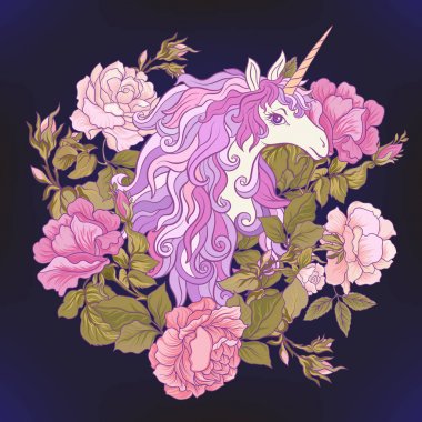 Tek boynuzlu at, bir buket gül ve siyah backgro kelebekler