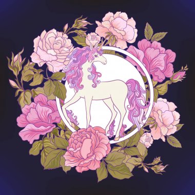 Tek boynuzlu at, bir buket gül ve siyah backgro kelebekler