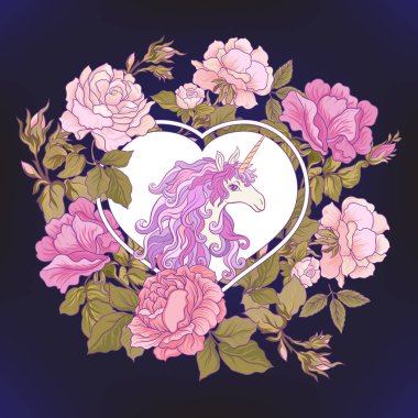 Tek boynuzlu at, bir buket gül ve siyah backgro kelebekler