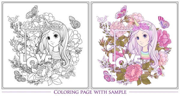 Genç güzel kız ile uzun duydum tek boynuzlu at boynuz şapkayla Bahçesi