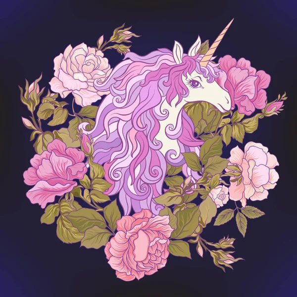 Tek boynuzlu at, bir buket gül ve siyah backgro kelebekler