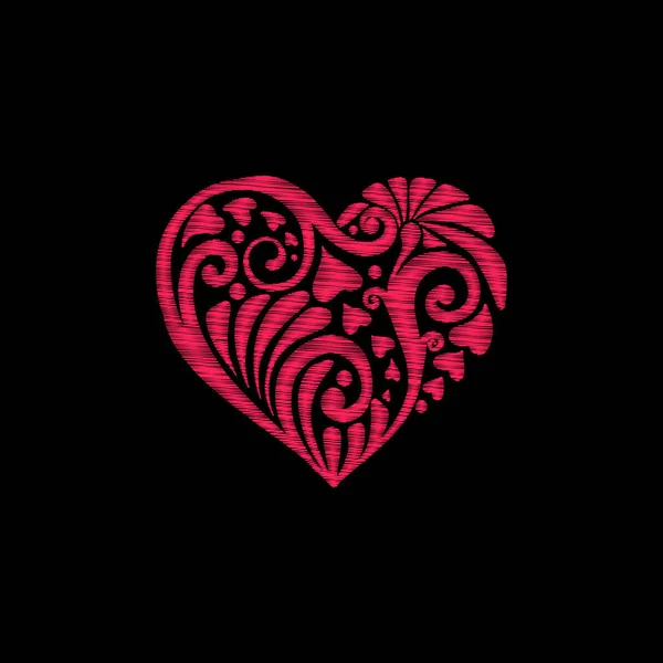 Bordado. Elementos de diseño bordados Corazón de amor con flores — Archivo Imágenes Vectoriales