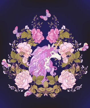 Tek boynuzlu at, bir buket gül ve siyah backgro kelebekler